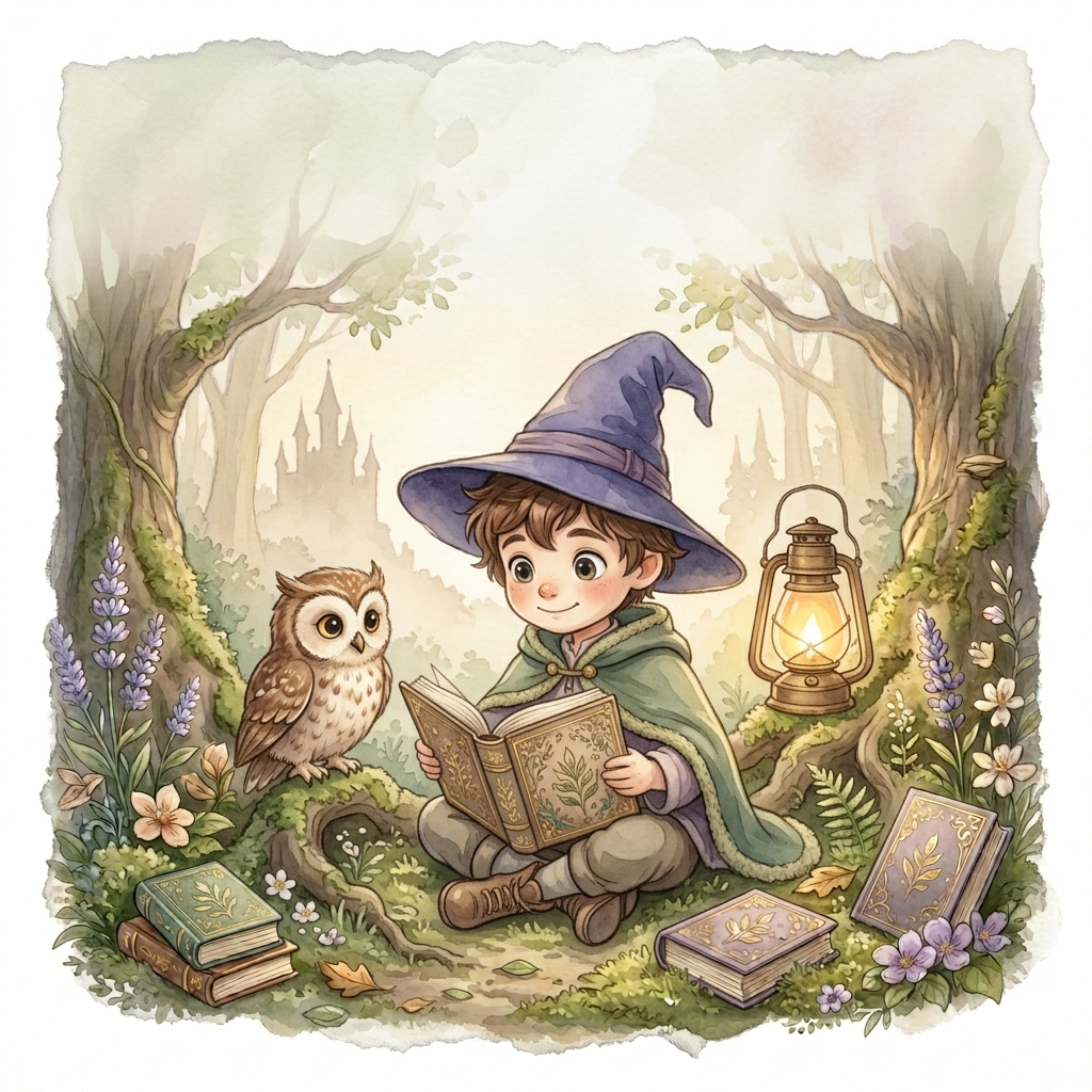 Zauberjunge mit violettem Spitzhut und grünem Umhang liest neben einer Eule im Wald, umgeben von Büchern, Blumen und einer Laterne.