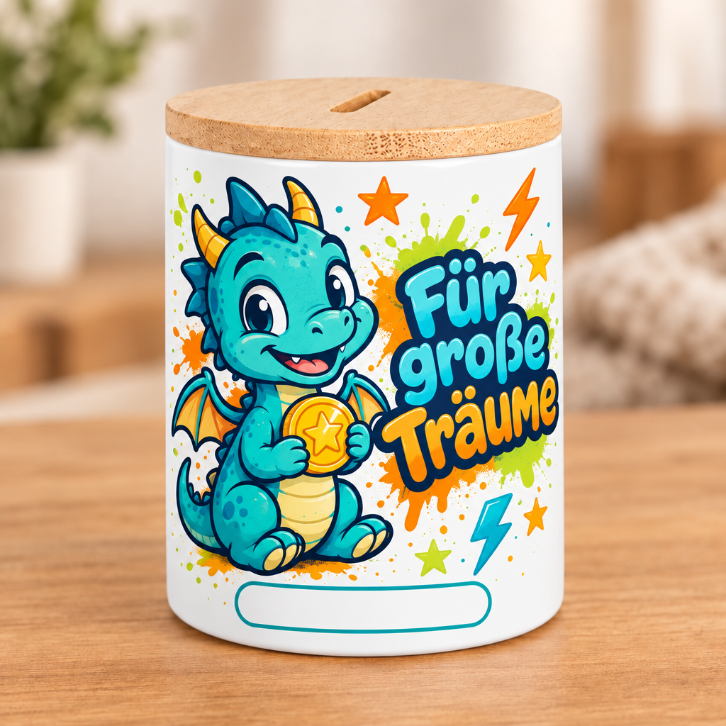 Digitale Vorschau der Graffiti-Drachen-Spardose Für große Träume mit freiem Namensfeld