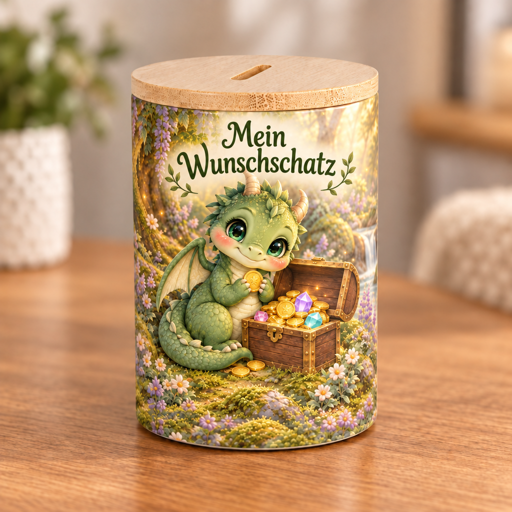 Illustrative Vorschau einer Spardose mit grünem Schatzdrachen, Schatztruhe und Bambusdeckel