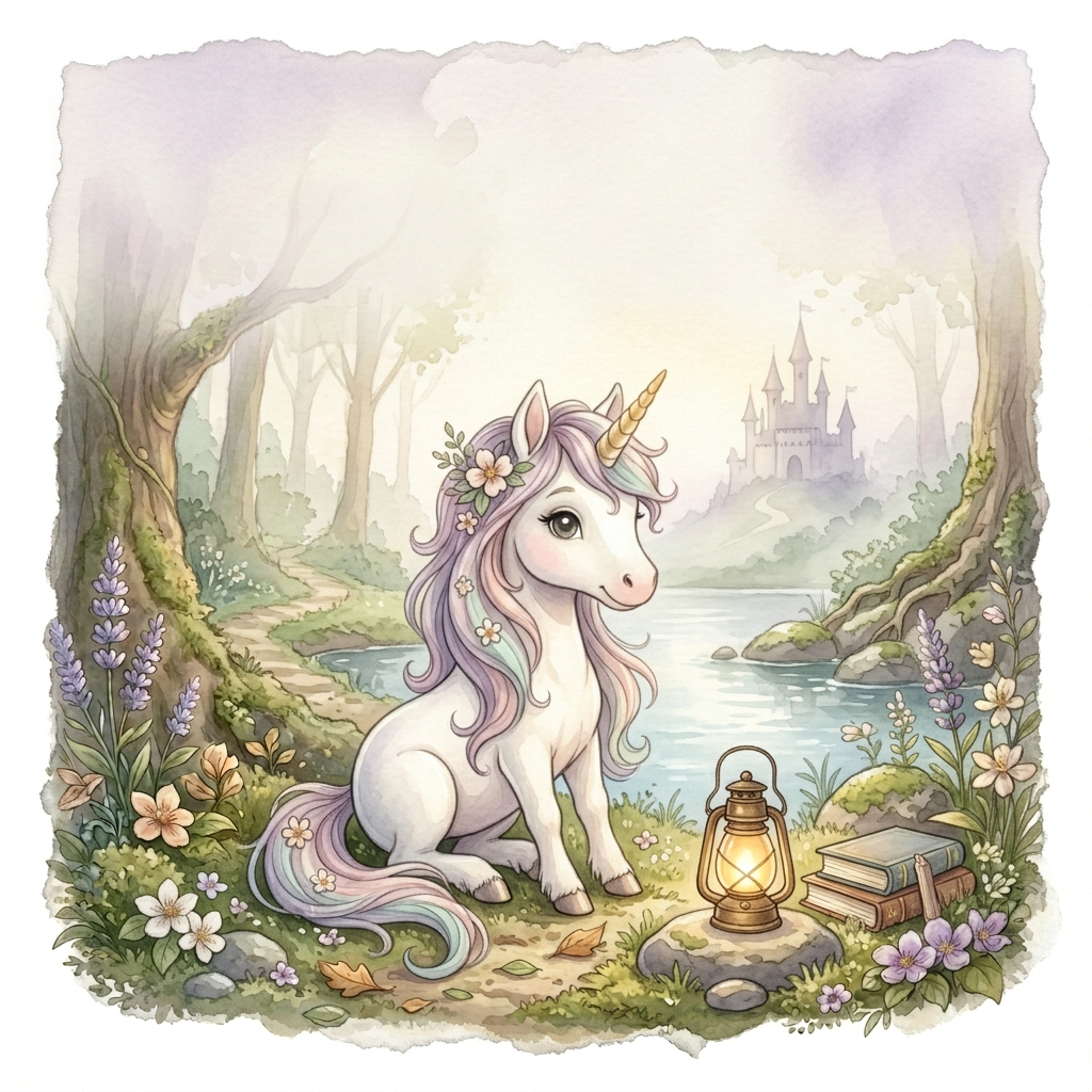Weiße Einhorntasse mit Henkel rechts: Einhorn am Waldsee neben einer leuchtenden Laterne und Büchern.
