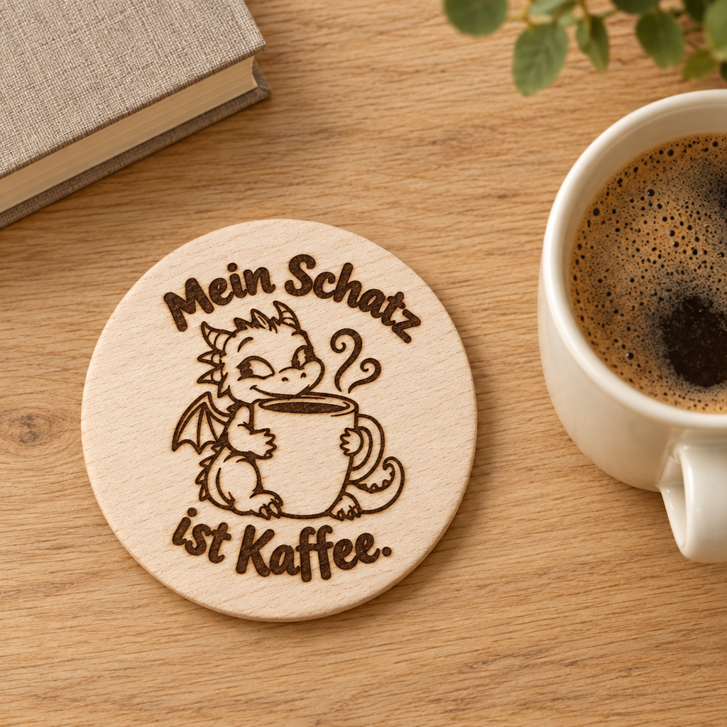 Runder Holzuntersetzer mit Kaffee-Drachen-Gravur und „Mein Schatz ist Kaffee.“ neben einer Tasse und einem Buch.

