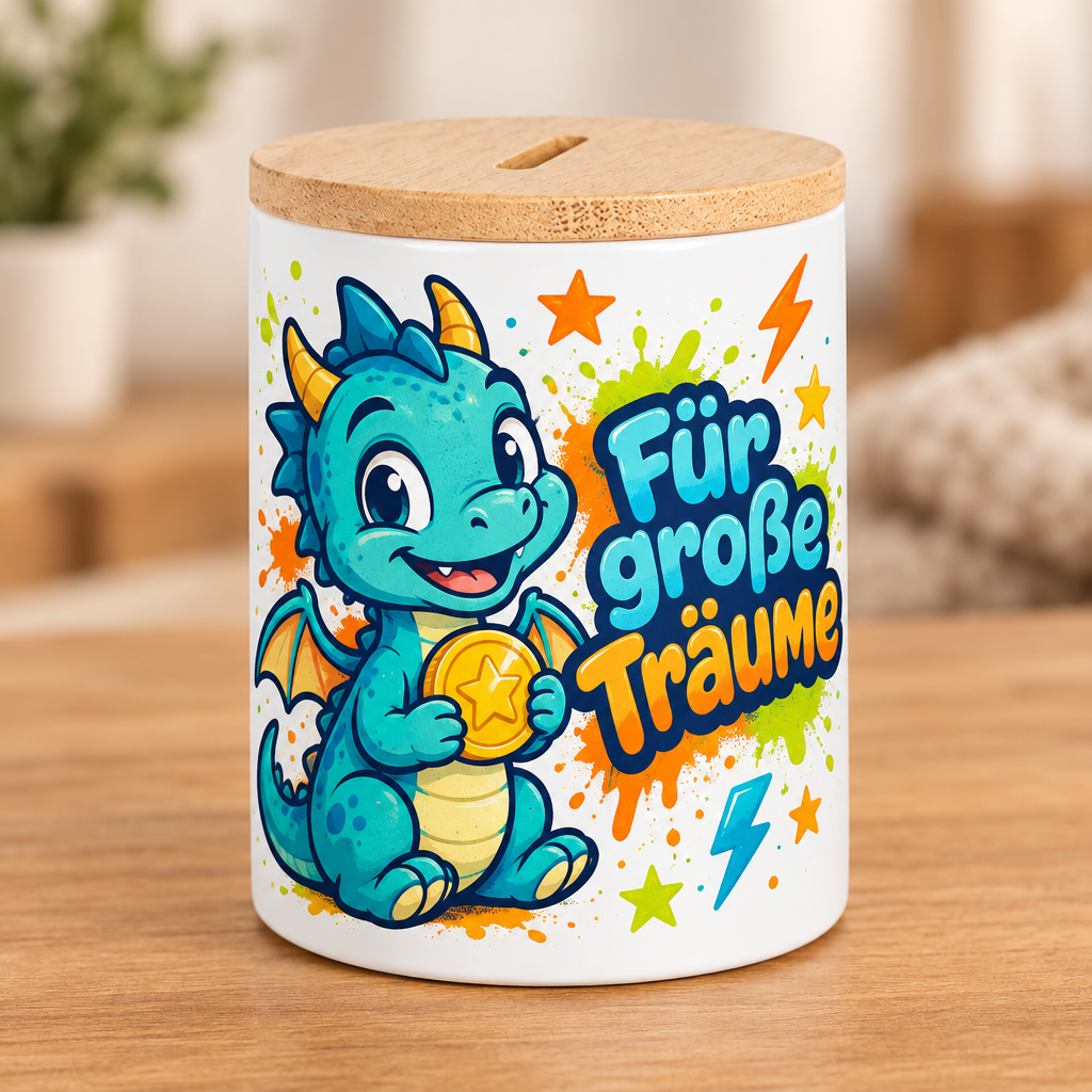 Drachen-Spardose mit Namensfeld – Für große Träume