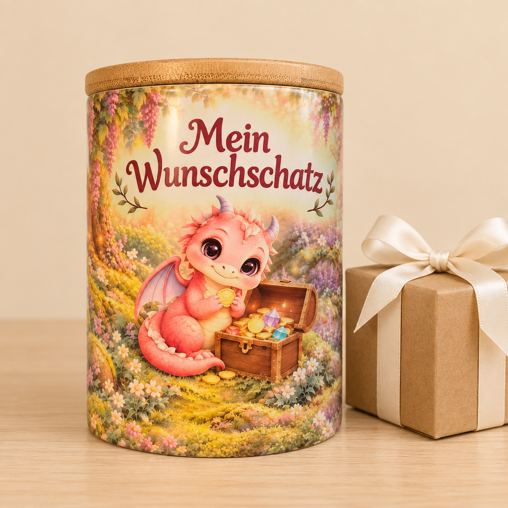 Korrigierte Geschenkpräsentation der rosa Drachen-Spardose