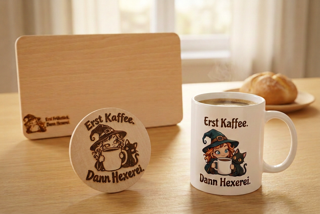 Hexen-Geschenkset mit einer weißen Motivtasse, einem gravierten Frühstücksbrettchen und einem runden Holzuntersetzer in einer gemütlichen Frühstücksszene.