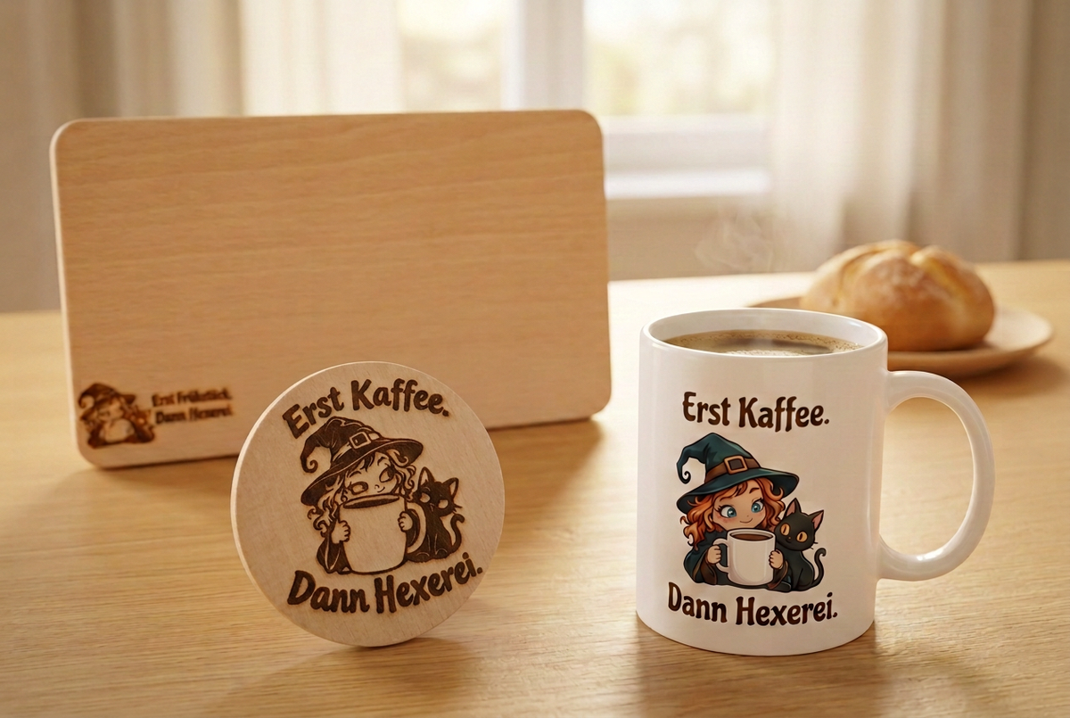 Hexen-Geschenkset mit einer weißen Motivtasse, einem gravierten Frühstücksbrettchen und einem runden Holzuntersetzer in einer gemütlichen Frühstücksszene.