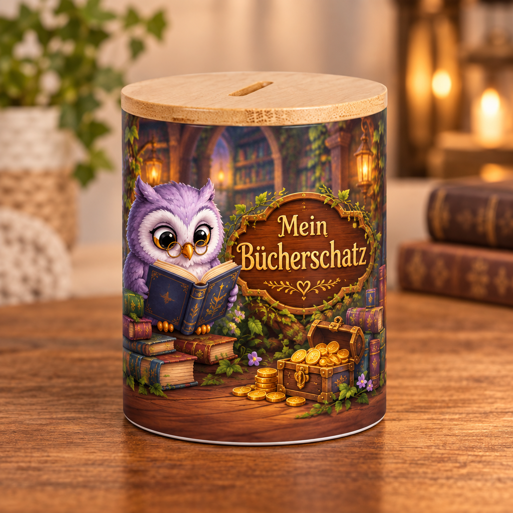 Lese-Eulen-Spardose mit Bambusdeckel – Mein Bücherschatz