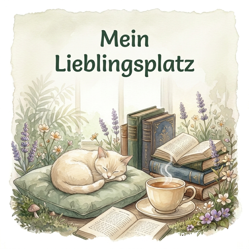 Aquarellmotiv ‚Mein Lieblingsplatz‘ mit schlafender cremefarbener Katze auf einem grünen Kissen, Büchern, Tee und Blumen.