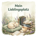 Aquarellmotiv ‚Mein Lieblingsplatz‘ mit schlafender cremefarbener Katze auf einem grünen Kissen, Büchern, Tee und Blumen.