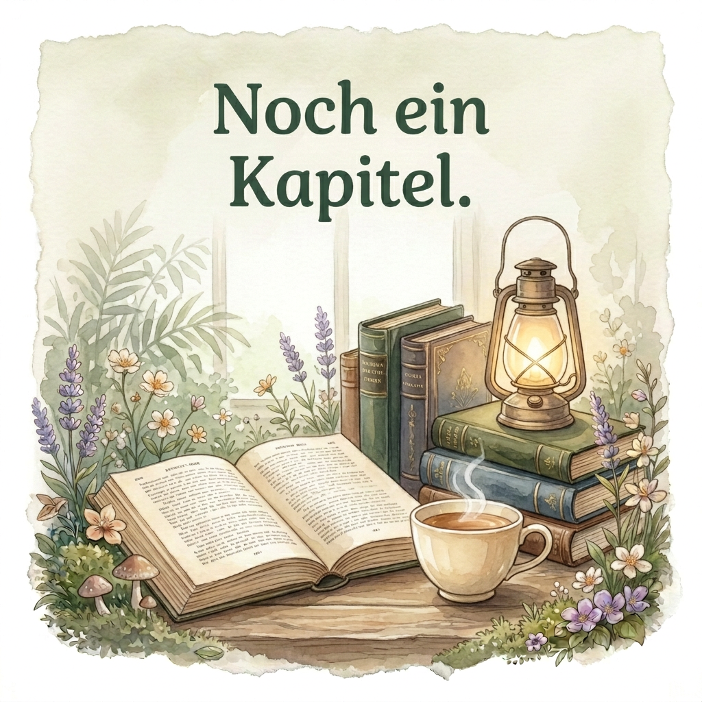 Aquarellmotiv ‚Noch ein Kapitel.‘ mit offenem Buch, Teetasse, Bücherstapeln und leuchtender Laterne zwischen Blumen.