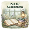 Aquarellmotiv ‚Zeit für Geschichten‘ mit gemütlichem Fensterplatz, offenem Buch, Tee auf einem Tablett und Laterne auf Bücherstapeln.
