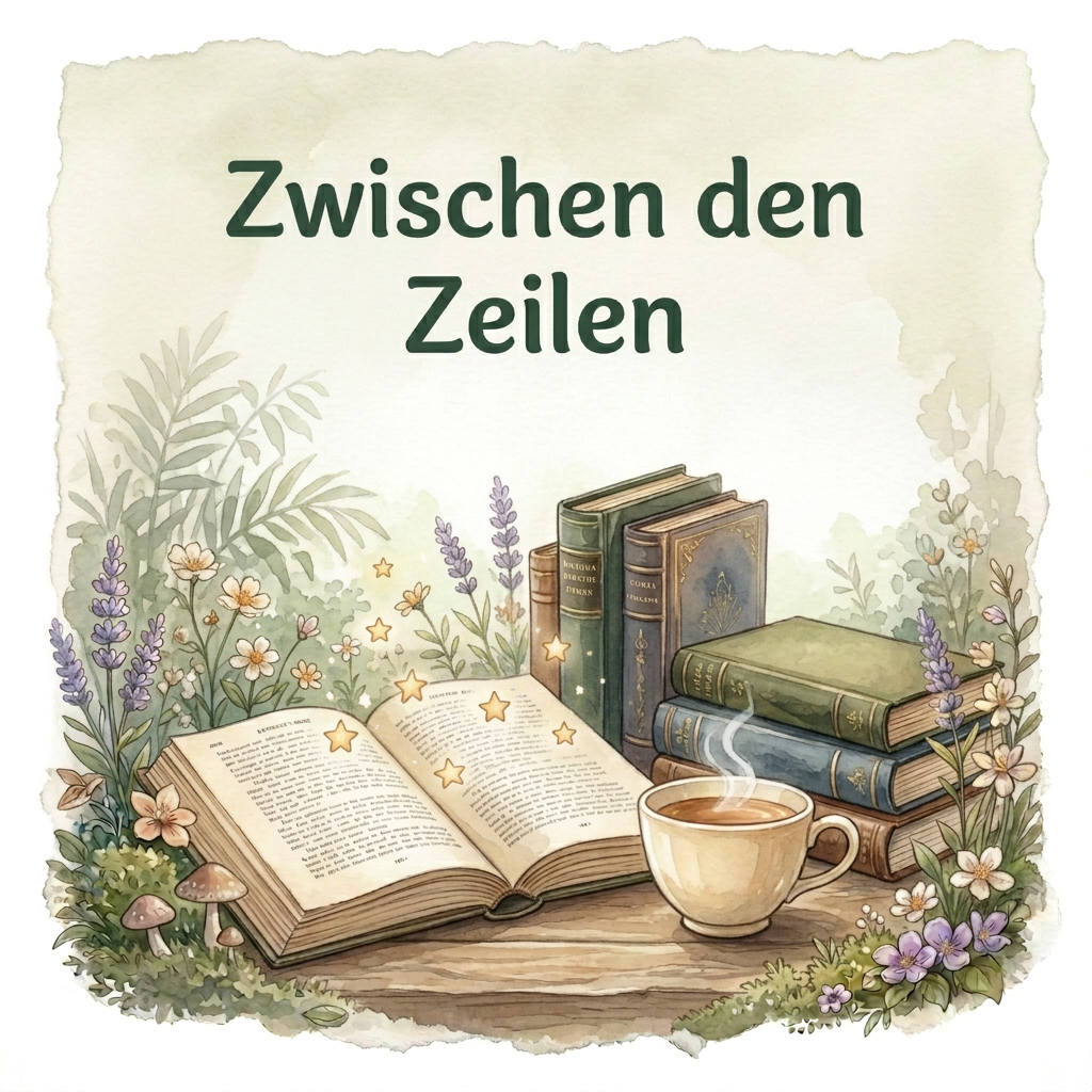 Aquarellmotiv ‚Zwischen den Zeilen‘ mit offenem Buch, schwebenden goldenen Sternen, Bücherstapeln, Tee und Blumen.