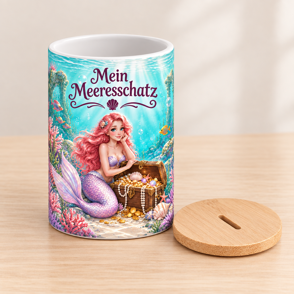Meerjungfrauen-Spardose mit Deckel daneben