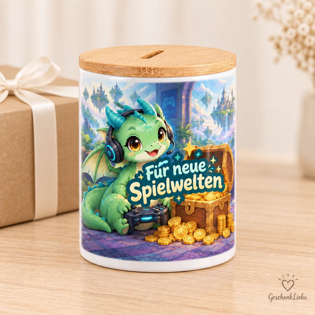 Mintgrüne Gaming-Drachen-Spardose als Geschenk