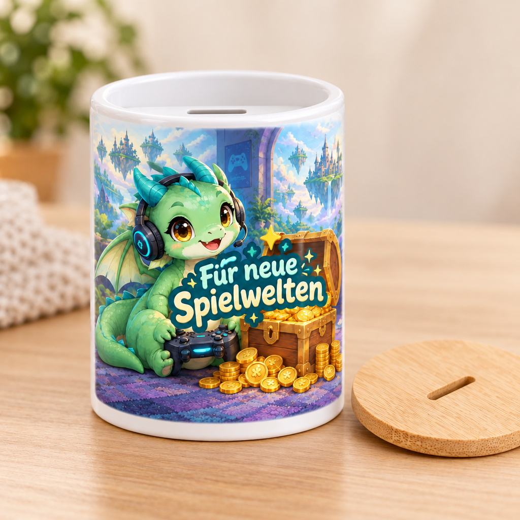 Mintgrüne Gaming-Drachen-Spardose mit Deckel daneben