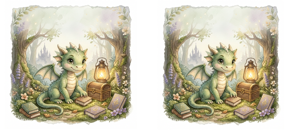 Druckmotiv mit zwei grünen Drachen und Schatztruhen im Aquarellstil, mit freiem Bereich für einen Wunschnamen