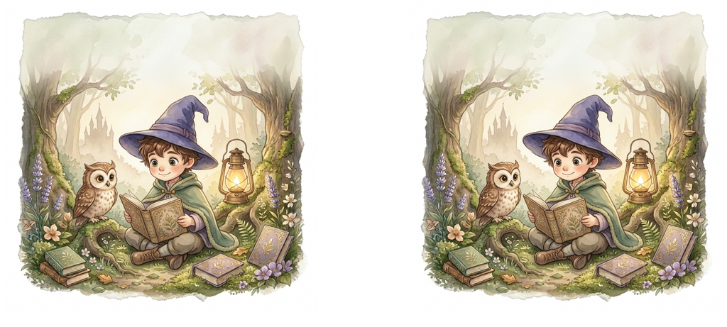 Zwei gleiche Aquarellmotive mit einem lesenden Zauberjungen und einer Eule im Wald, mit freiem Bereich für einen Wunschnamen.
