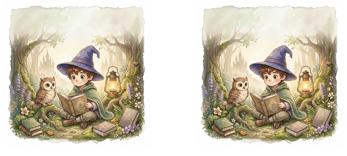 Zwei gleiche Aquarellmotive mit einem lesenden Zauberjungen und einer Eule im Wald, mit freiem Bereich für einen Wunschnamen.
