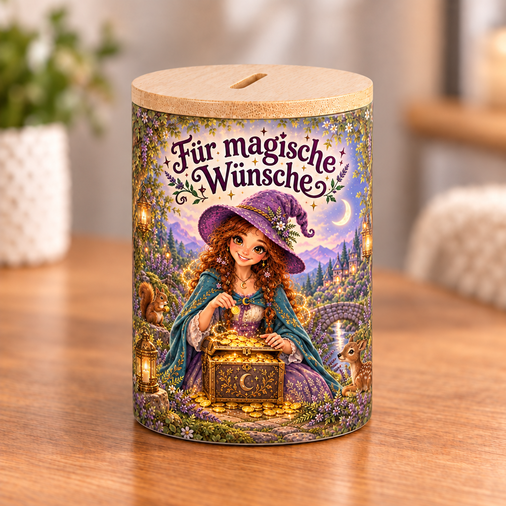 Mondhexen-Spardose mit Bambusdeckel – Für magische Wünsche