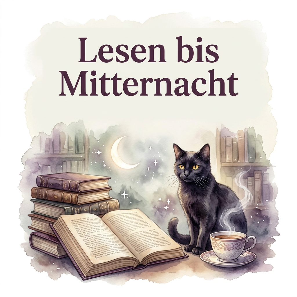 Aquarellmotiv ‚Lesen bis Mitternacht‘ mit schwarzer Katze, offenem Buch, Bücherstapeln, Mondsichel, Sternen und dampfender Teetasse.
