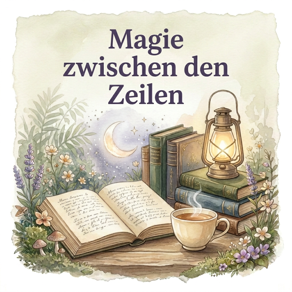 Aquarellmotiv ‚Magie zwischen den Zeilen‘ mit Mondsichel, Sternen, offenem Buch, Tee und leuchtender Laterne zwischen Blumen