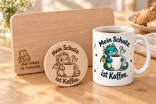 Drachen-Geschenkset mit weißer Motivtasse, graviertem Frühstücksbrettchen und rundem Holzuntersetzer auf einem Tisch.
