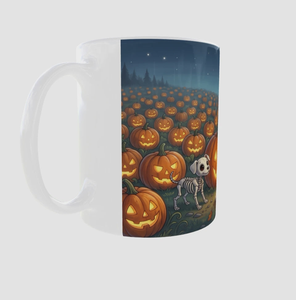 Halloween-Tasse | Skelett-Hexenkind im Kürbisfeld