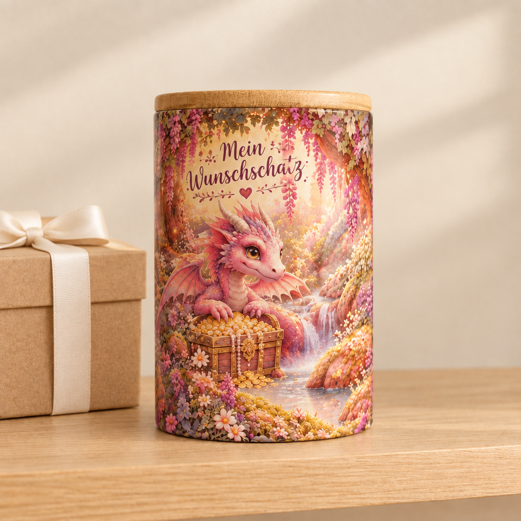 Rosa Blütenzauber-Drachen-Spardose als Geschenk
