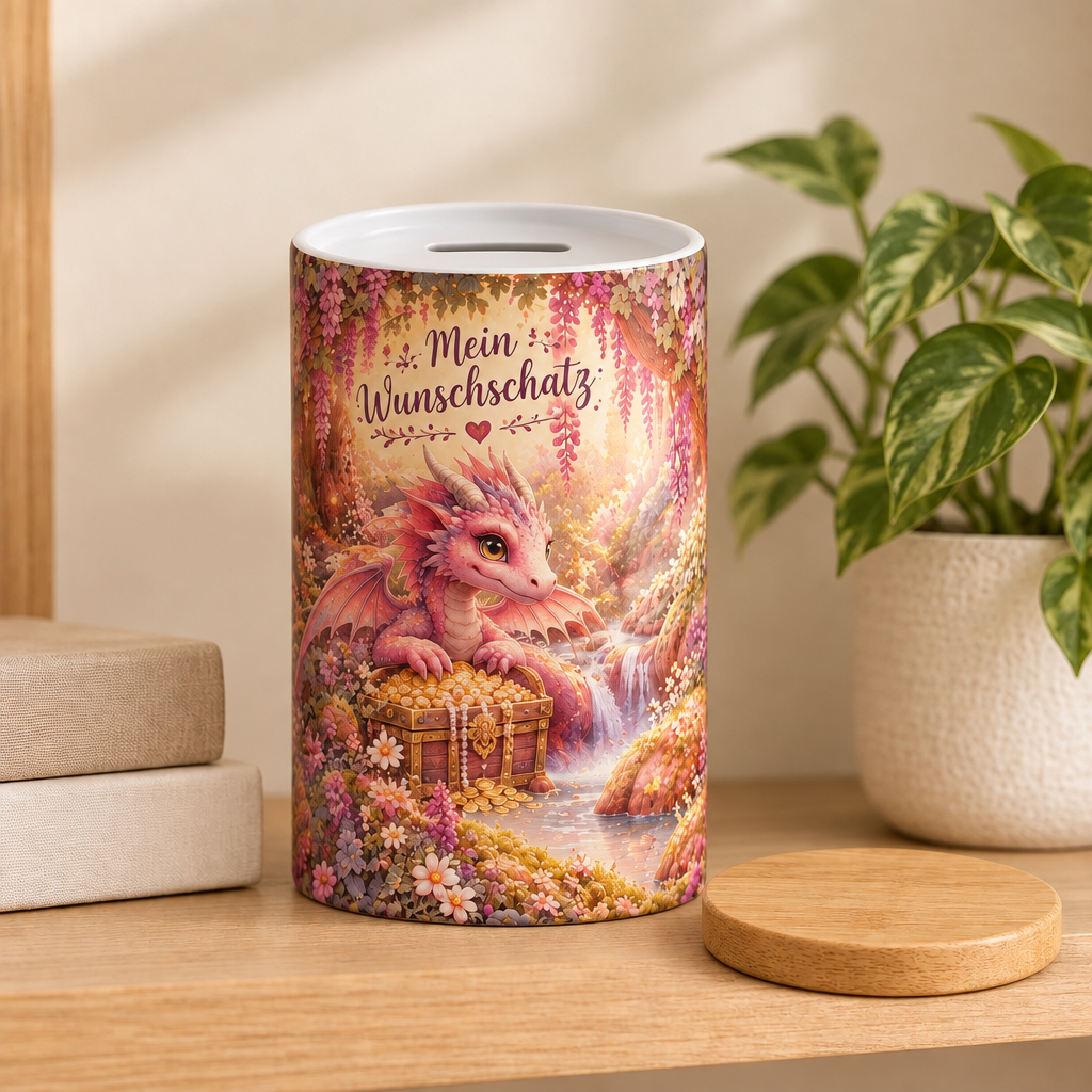 Rosa Blütenzauber-Drachen-Spardose mit Deckel daneben