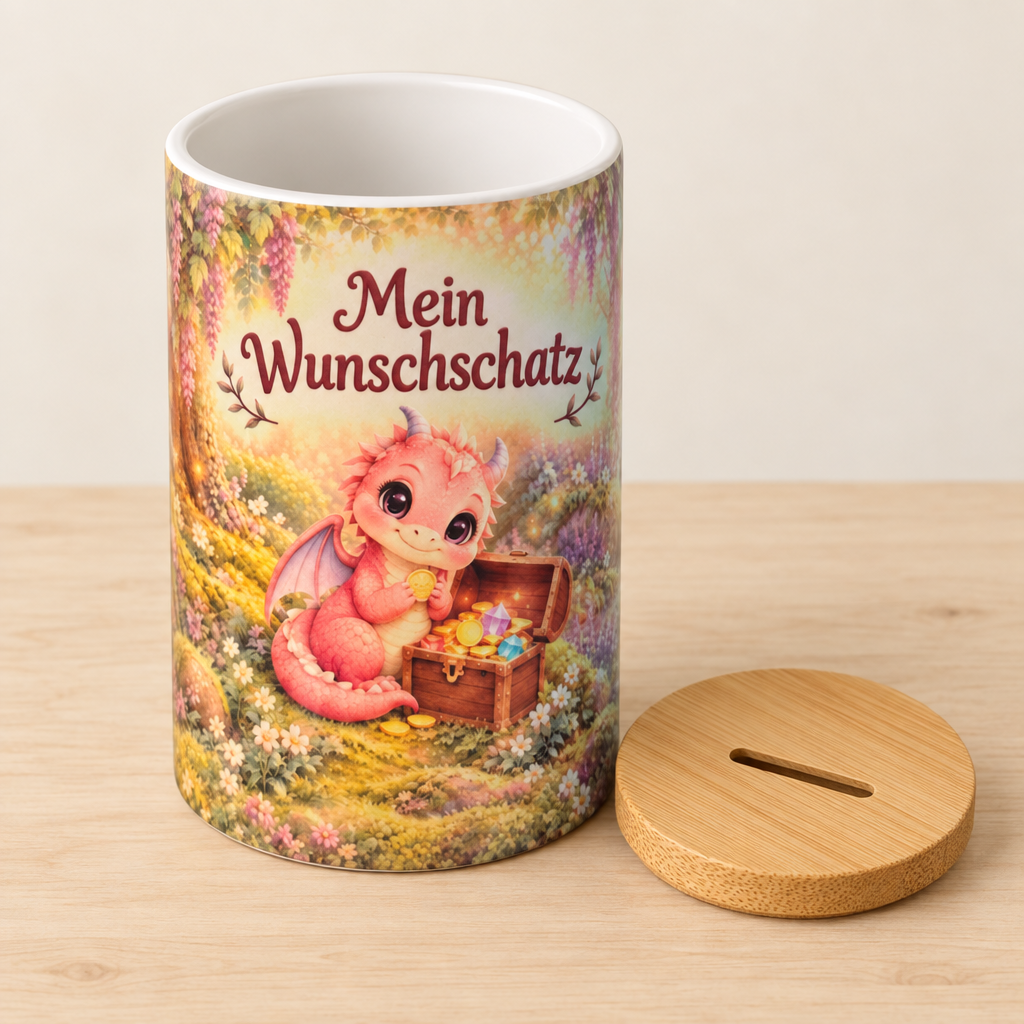 Rosa Drachen-Spardose mit danebenliegendem Bambusdeckel