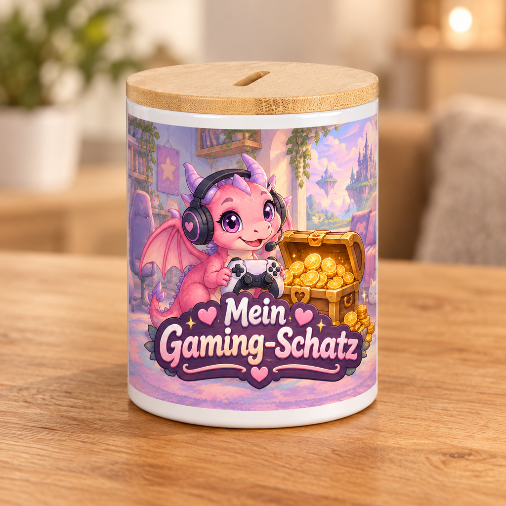 Gaming-Drachen-Spardose Rosa – Mein Gaming-Schatz