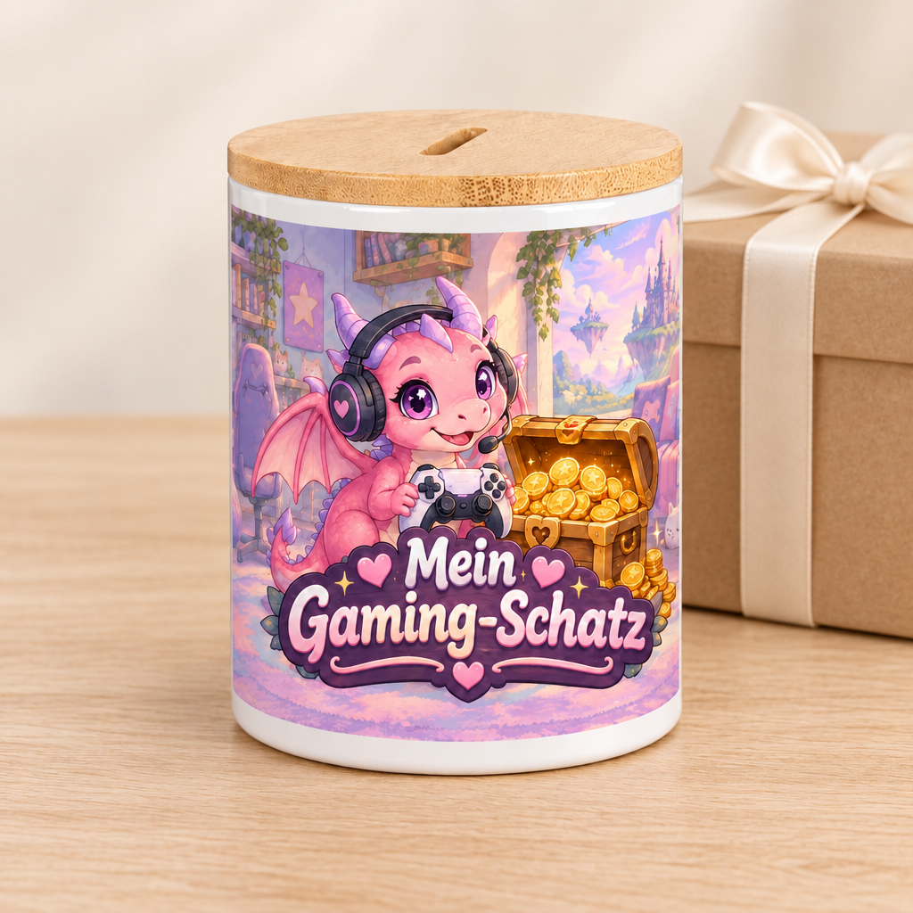 Rosa Gaming-Drachen-Spardose als Geschenk