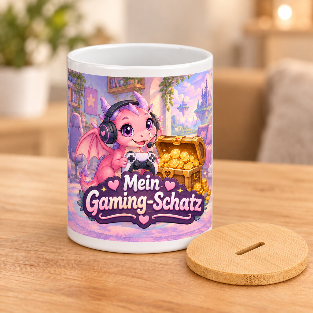 Rosa Gaming-Drachen-Spardose mit Deckel daneben