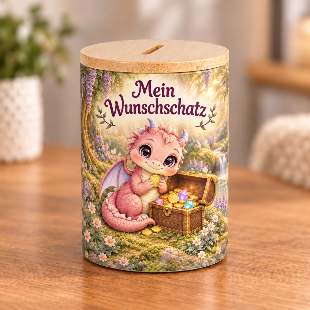 Drachen-Spardose mit Bambusdeckel – Mein Wunschschatz, Rosa