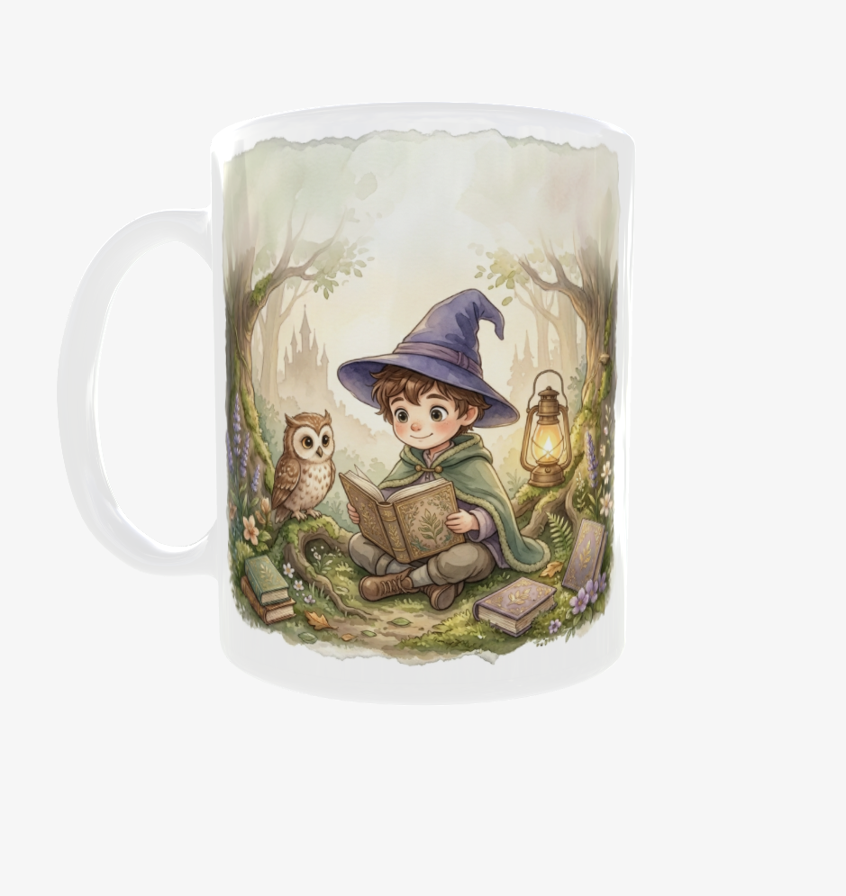 Weiße Tasse mit Henkel links: Zauberjunge mit violettem Spitzhut und grünem Umhang liest neben einer Eule im Wald.
