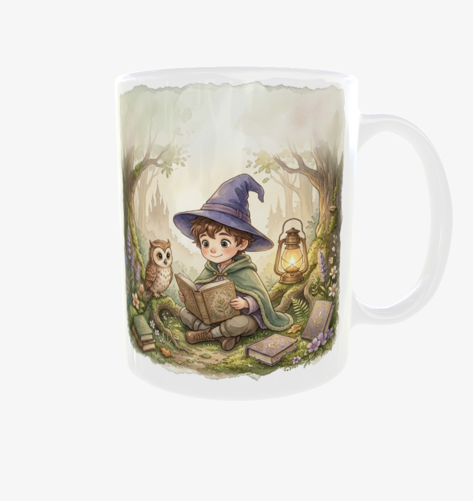 Weiße Tasse mit Henkel rechts: lesender Zauberjunge und Eule, umgeben von Büchern, Blumen und einer leuchtenden Laterne.
