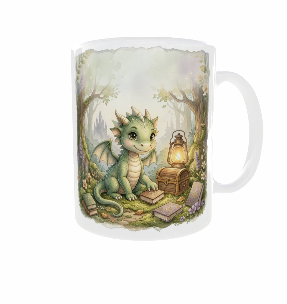Tasse mit Henkel rechts:
„Weiße Drachentasse mit Henkel rechts: grüner Drache neben Laterne, Büchern und Schatztruhe.