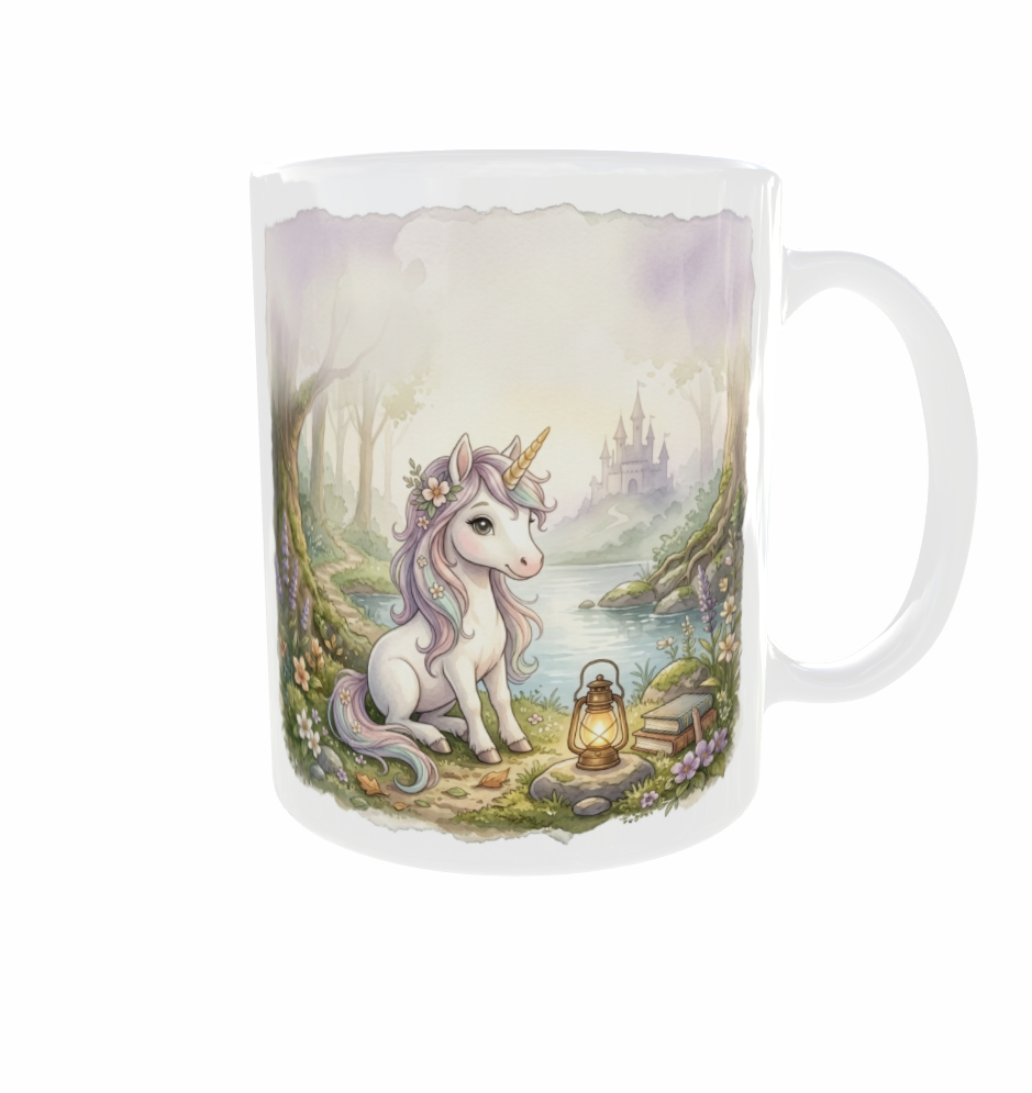 Weiße Einhorntasse mit Henkel links: Einhorn mit pastellfarbener Mähne am Waldsee, mit Laterne und Schloss im Hintergrund.
