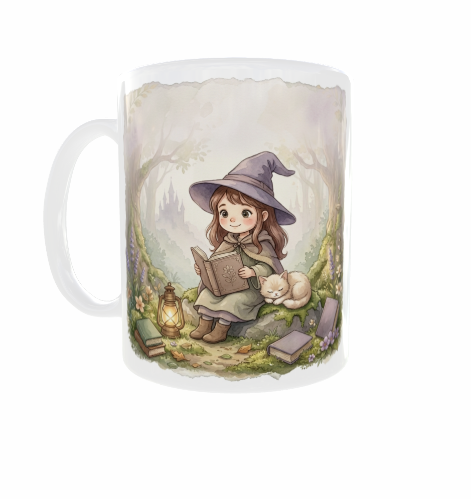 Weiße Tasse mit Henkel links: lesendes Zaubermädchen und schlafende Katze, umgeben von Büchern, Blumen und einer Laterne.
