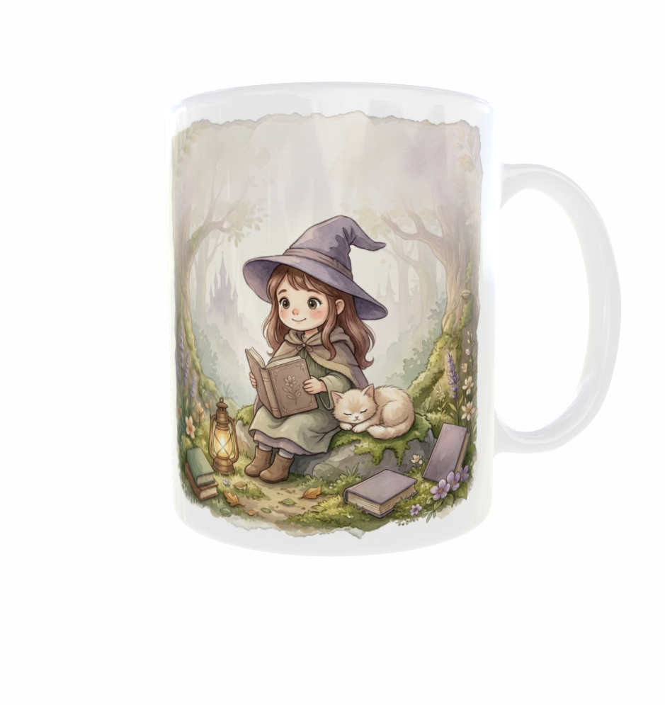 Weiße Tasse mit Henkel rechts: Zaubermädchen mit violettem Spitzhut und Buch neben einer schlafenden Katze im Wald.
