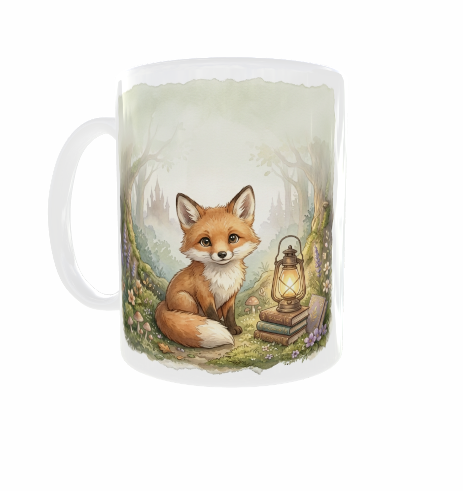 Weiße Fuchstasse mit Henkel links: kleiner Fuchs zwischen Blumen und Pilzen, mit Büchern und einer Laterne im Aquarellstil.

