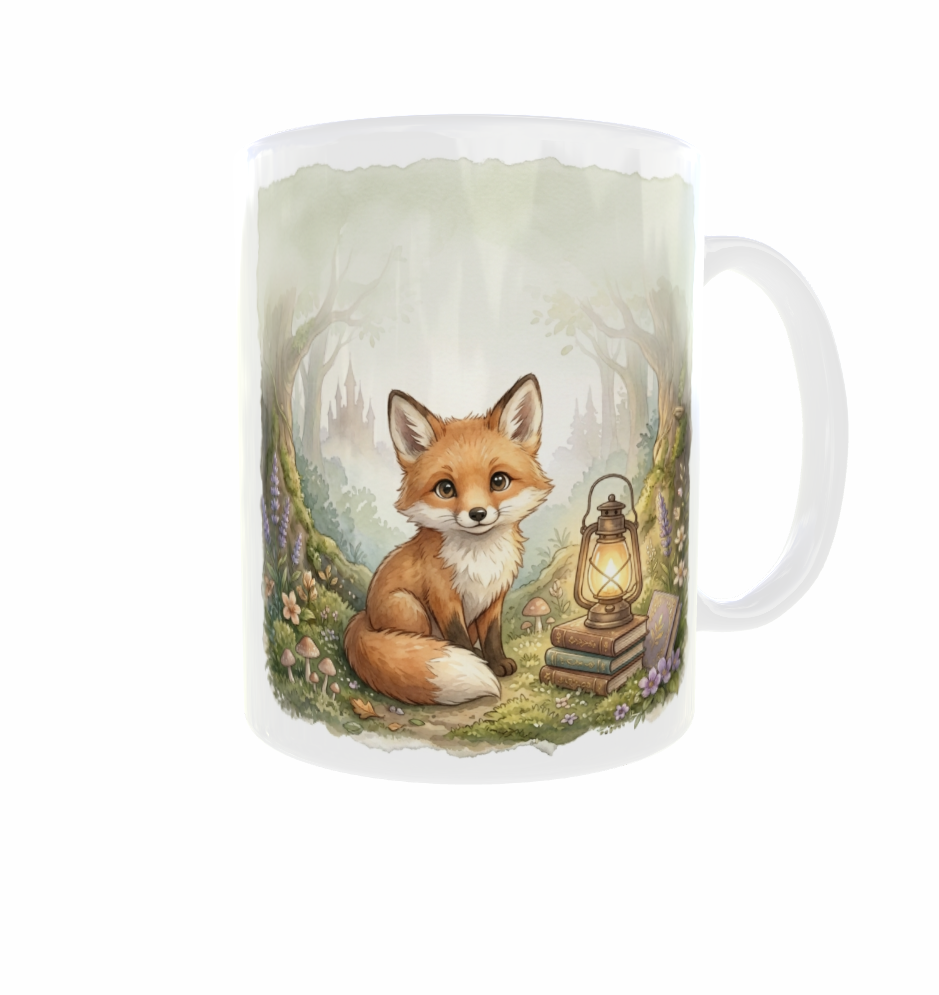 Weiße Fuchstasse mit Henkel rechts: orangefarbener Fuchs im Wald neben einer leuchtenden Laterne auf einem Bücherstapel.
