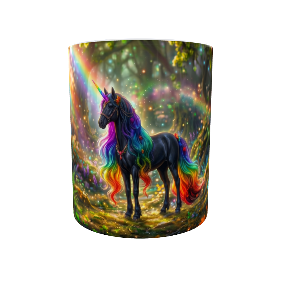 Schwarzes Einhorn mit Regenbogenmähne – Magische Kindertasse
