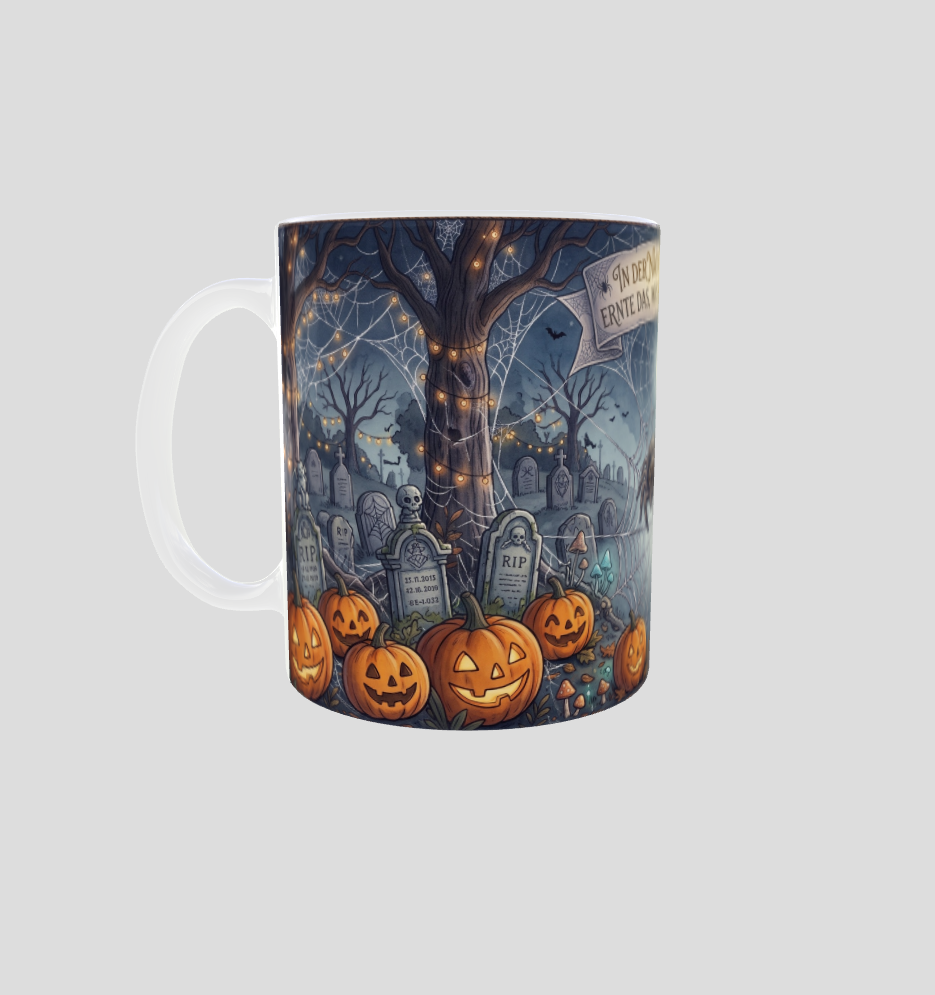 Halloween-Tasse | Spinne im Geisterwald