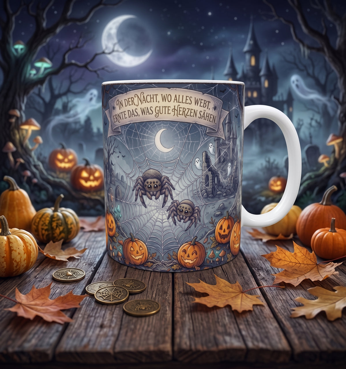 Halloween-Tasse | Spinne im Geisterwald