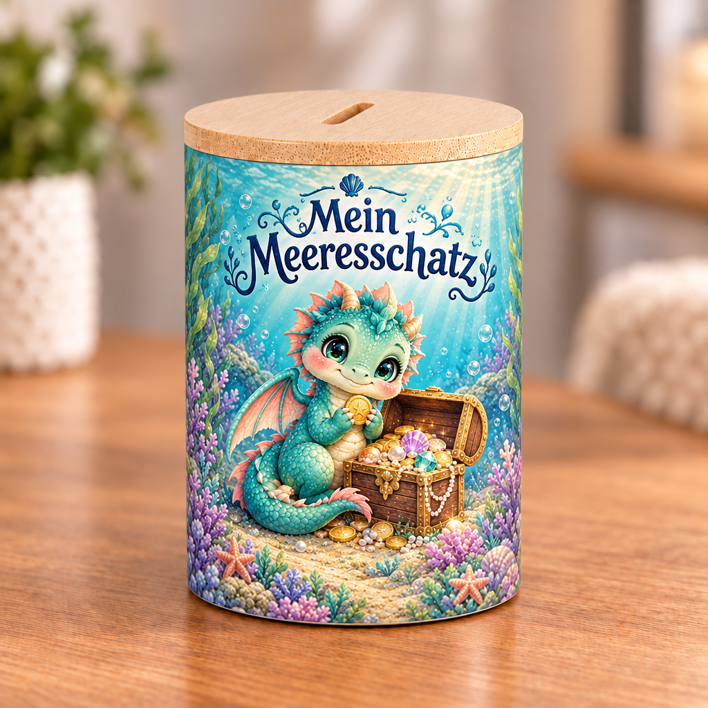 Wasserdrachen-Spardose mit Bambusdeckel – Mein Meeresschatz