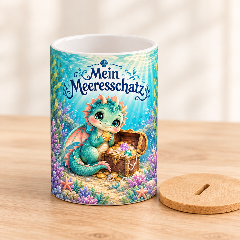 Wasserdrachen-Spardose mit Deckel daneben