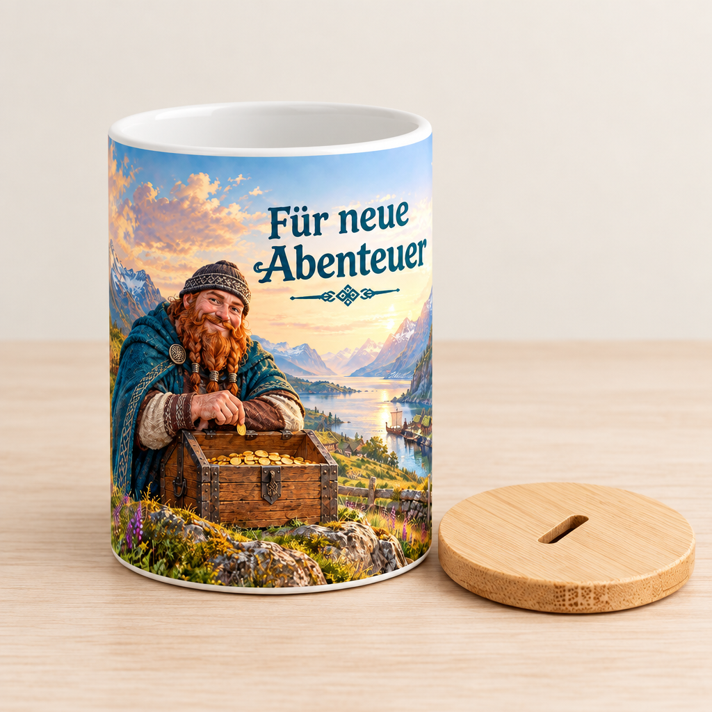 Wikinger-Spardose mit Deckel daneben
