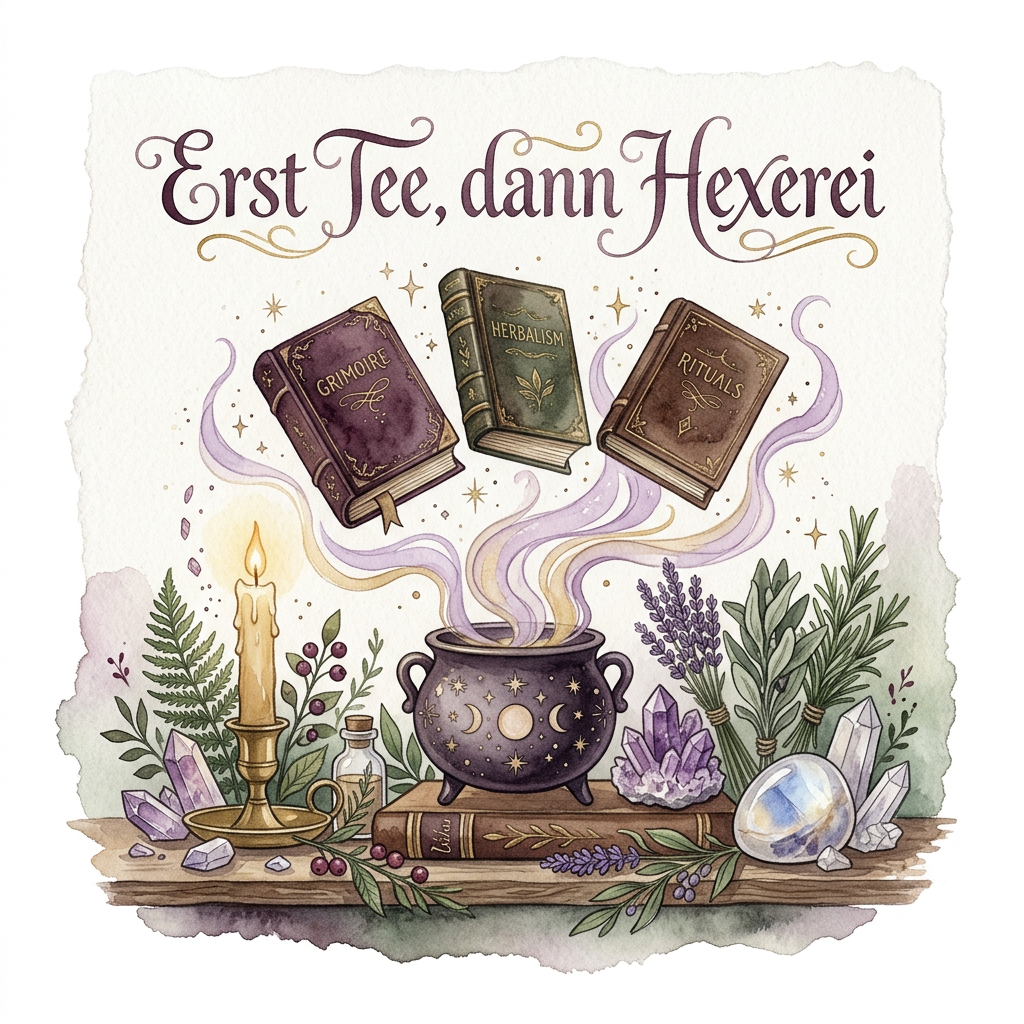 quarellmotiv „Erst Tee, dann Hexerei“ mit drei schwebenden Zauberbüchern, dunklem Mondkessel, lilafarbenem Dampf, Kräutern, Kristallen und Kerze.