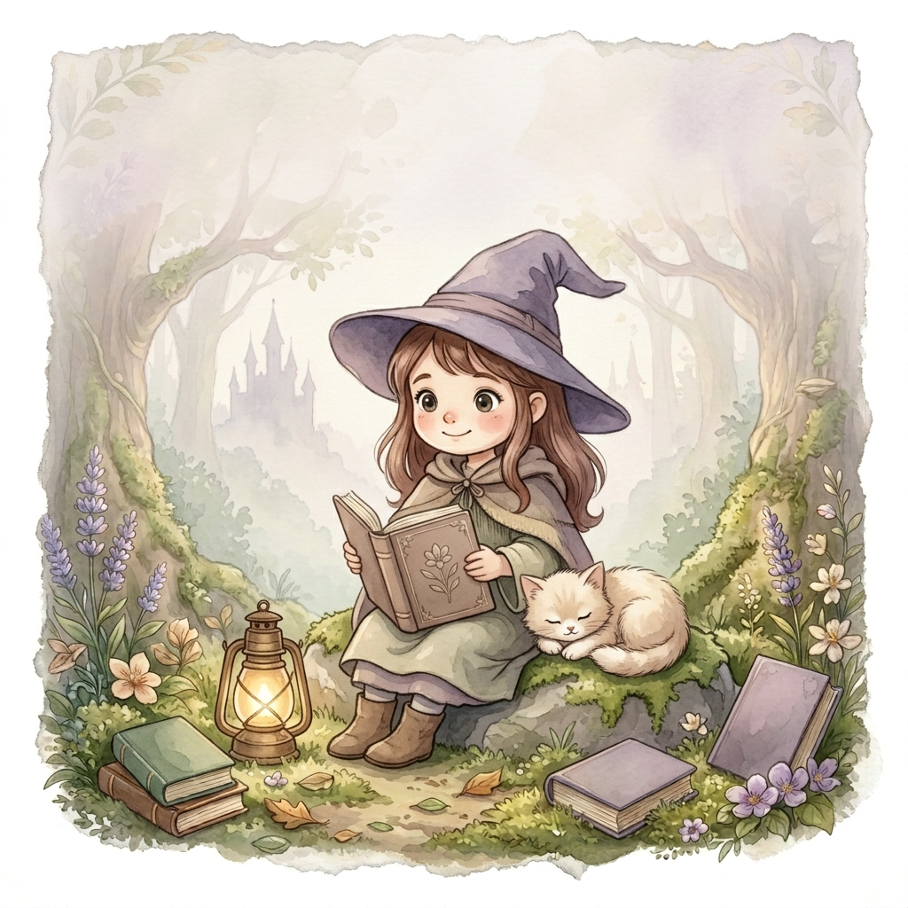 Aquarellmotiv mit einem lesenden Zaubermädchen, einer schlafenden Katze, Büchern und einer leuchtenden Laterne im Wald.
